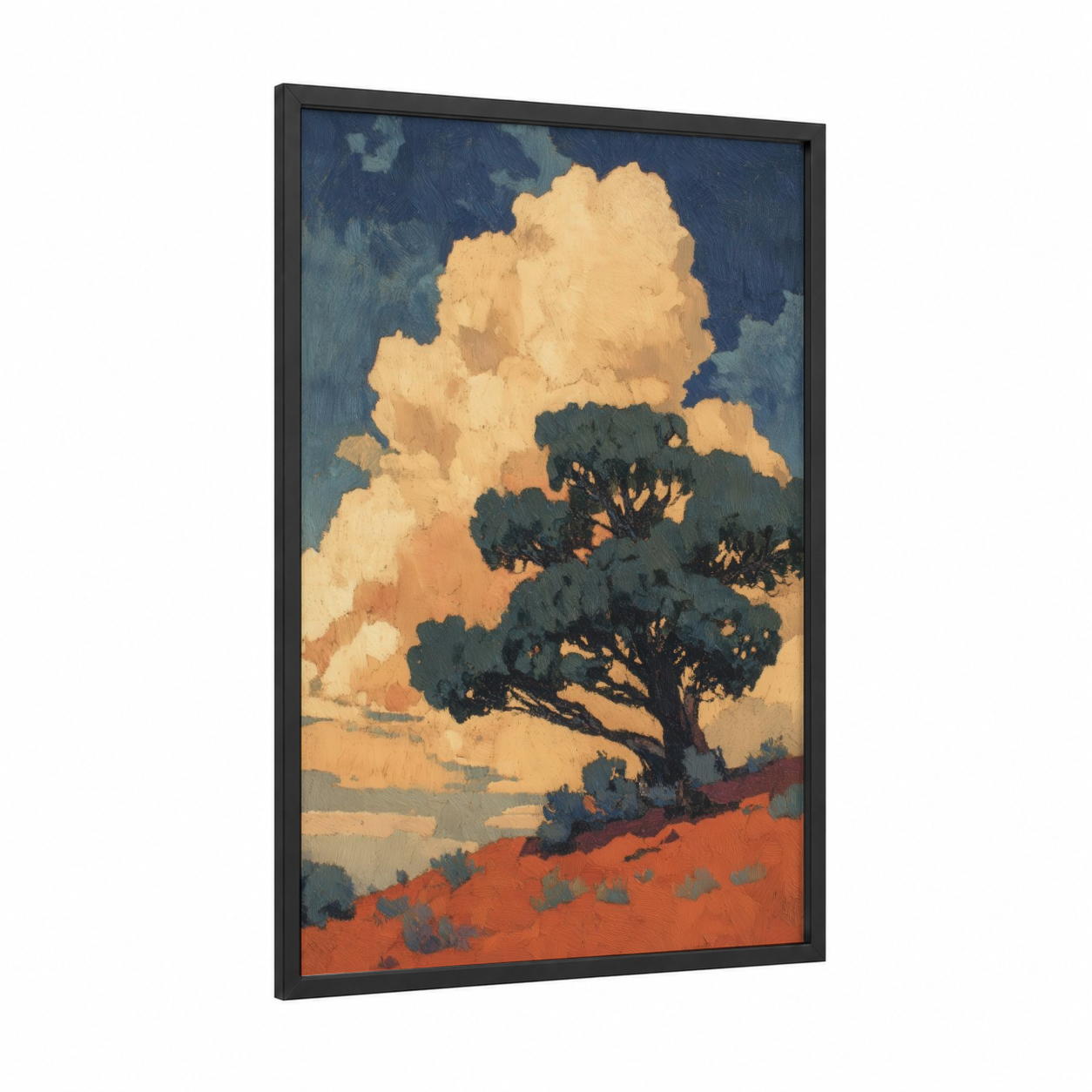 Golden Juniper framed juniper tree print — black wood frame — gold and teal palette