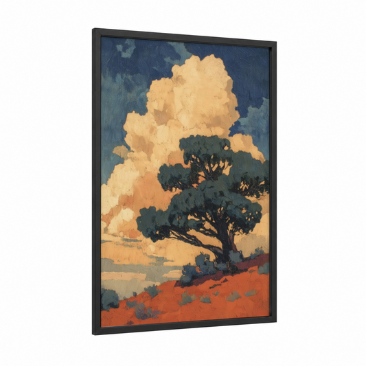 Golden Juniper framed juniper tree print — black wood frame — gold and teal palette