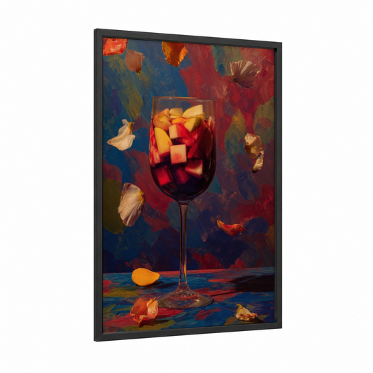 Autumn Sangria framed cocktail print — black wood frame — red and blue palette
