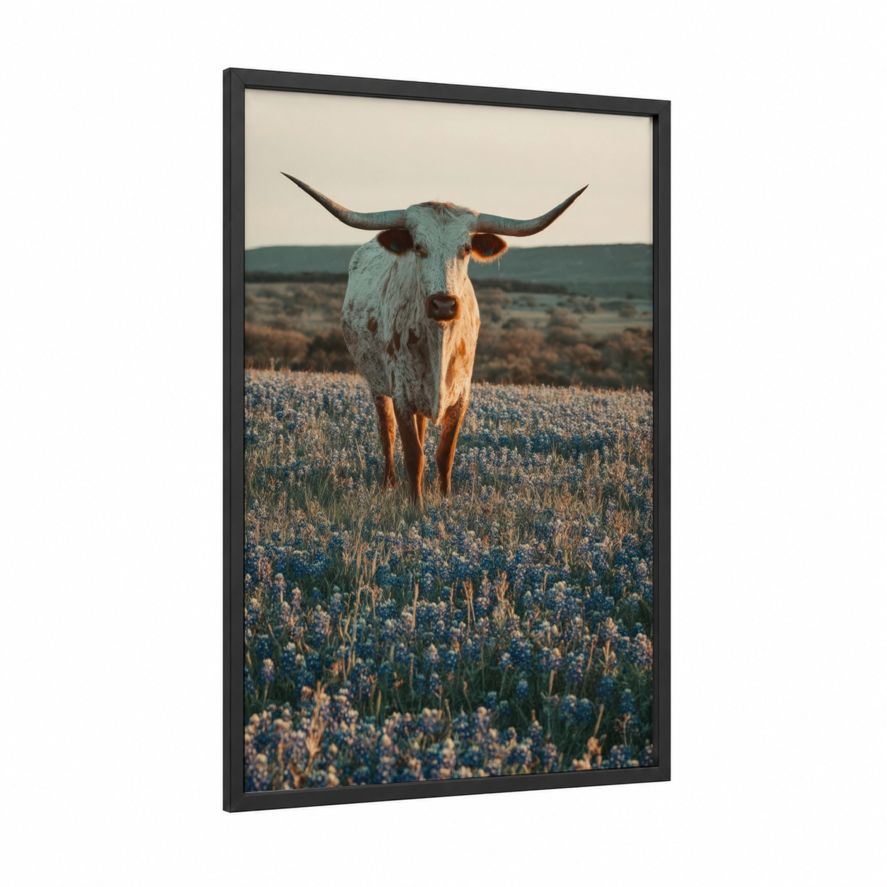 Wildflower Longhorn framed longhorn cow print — black wood frame — cream and russet palette