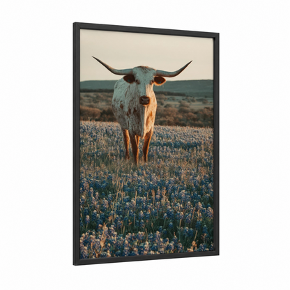 Wildflower Longhorn framed longhorn cow print — black wood frame — cream and russet palette