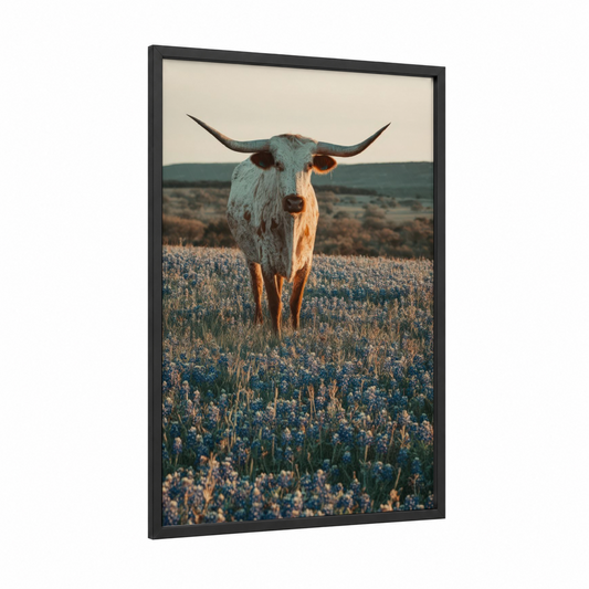 Wildflower Longhorn framed longhorn cow print — black wood frame — cream and russet palette