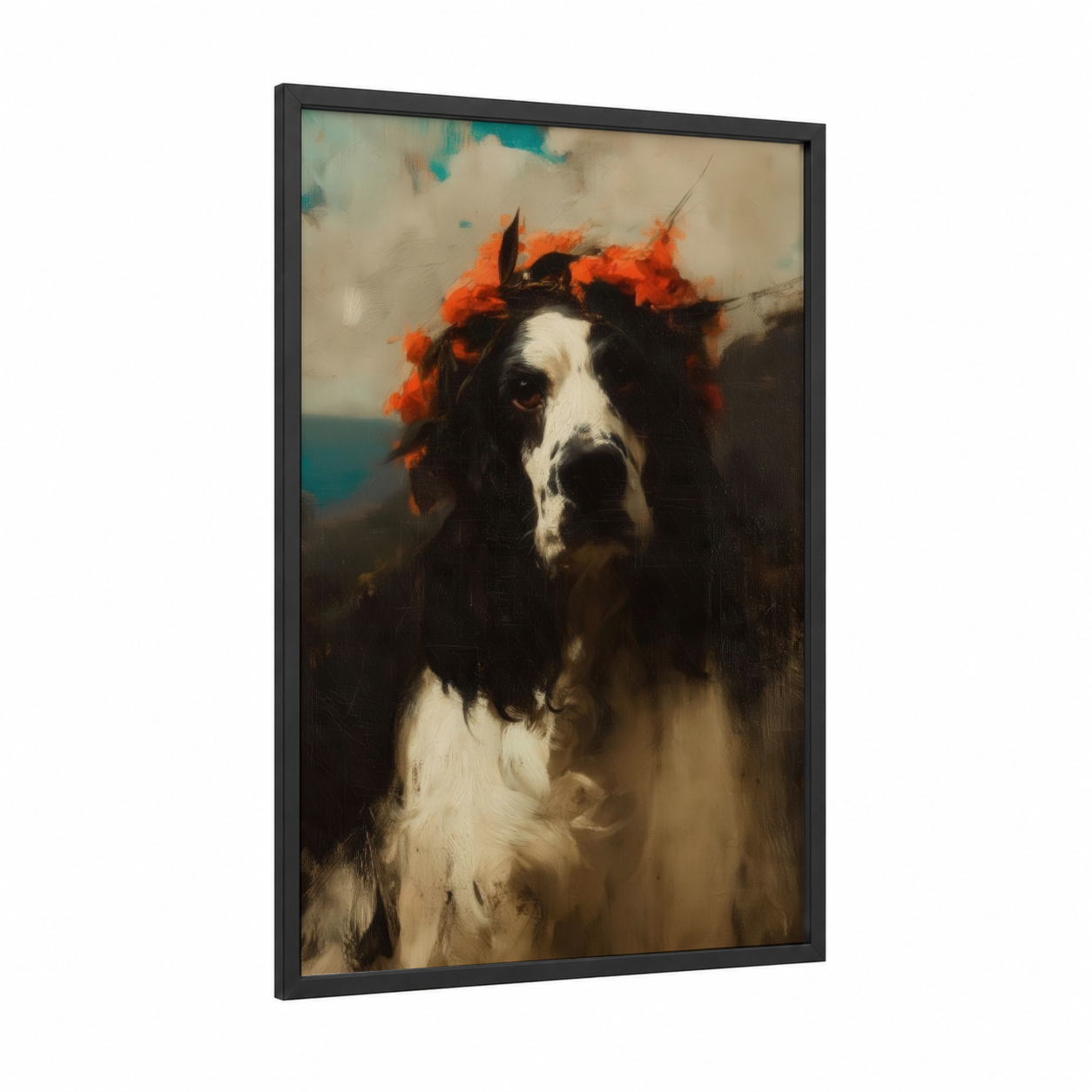 Fiery Spaniel Portrait framed art print — black wood frame — orange and black and white palette