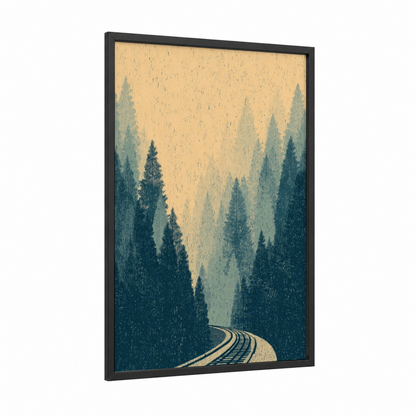 Rainy Forest Rails framed train tracks print — black wood frame — dark blue and gold palette