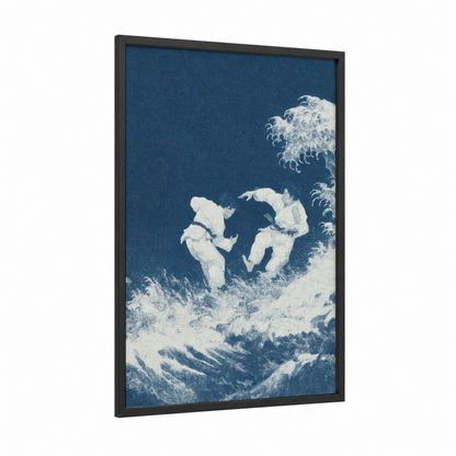 Wave Judo Clash framed art print — black wood frame — blue and white and dark blue palette