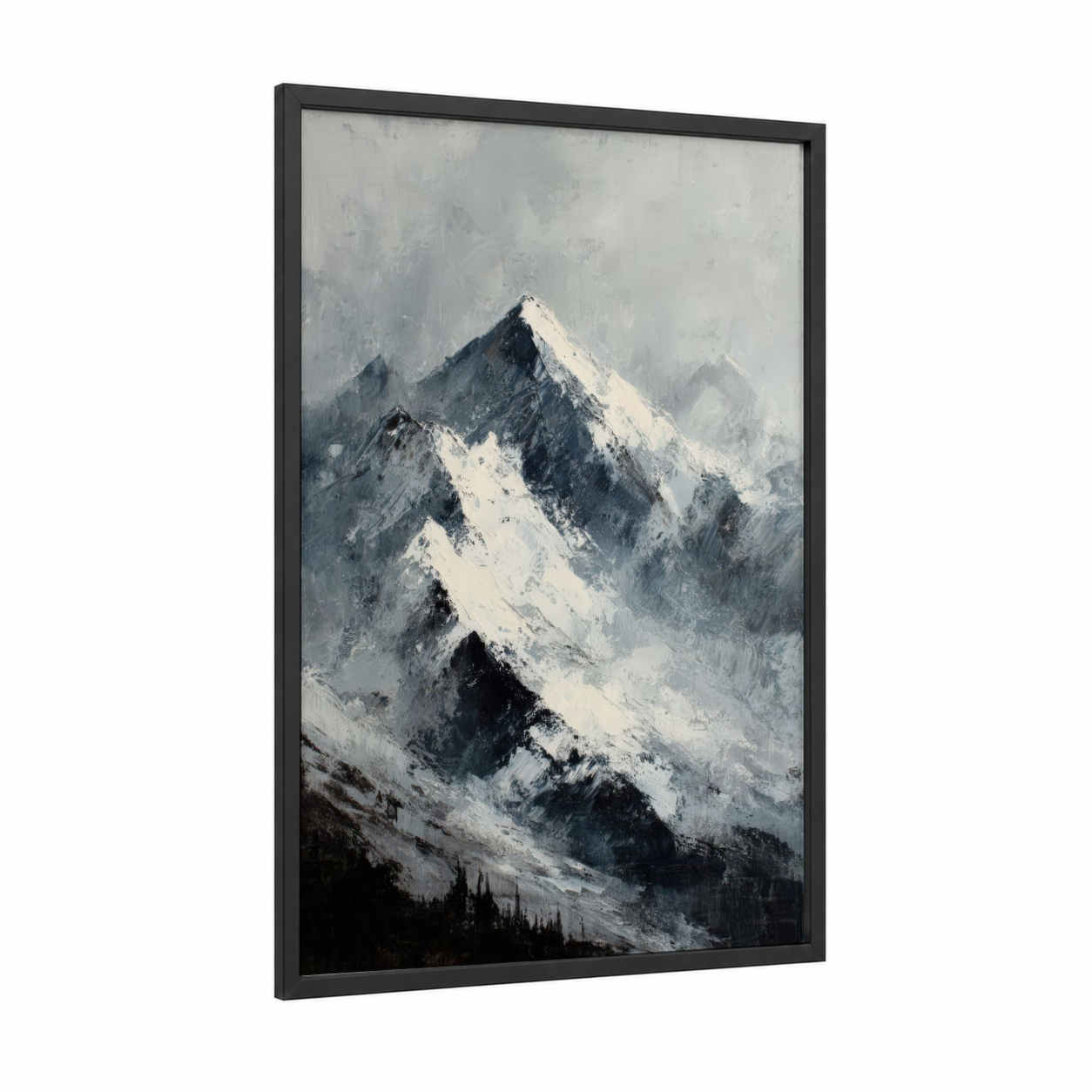 Snowy Peak Summit framed mount everest print — black wood frame — white and gray palette