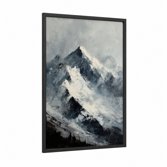 Snowy Peak Summit framed mount everest print — black wood frame — white and gray palette