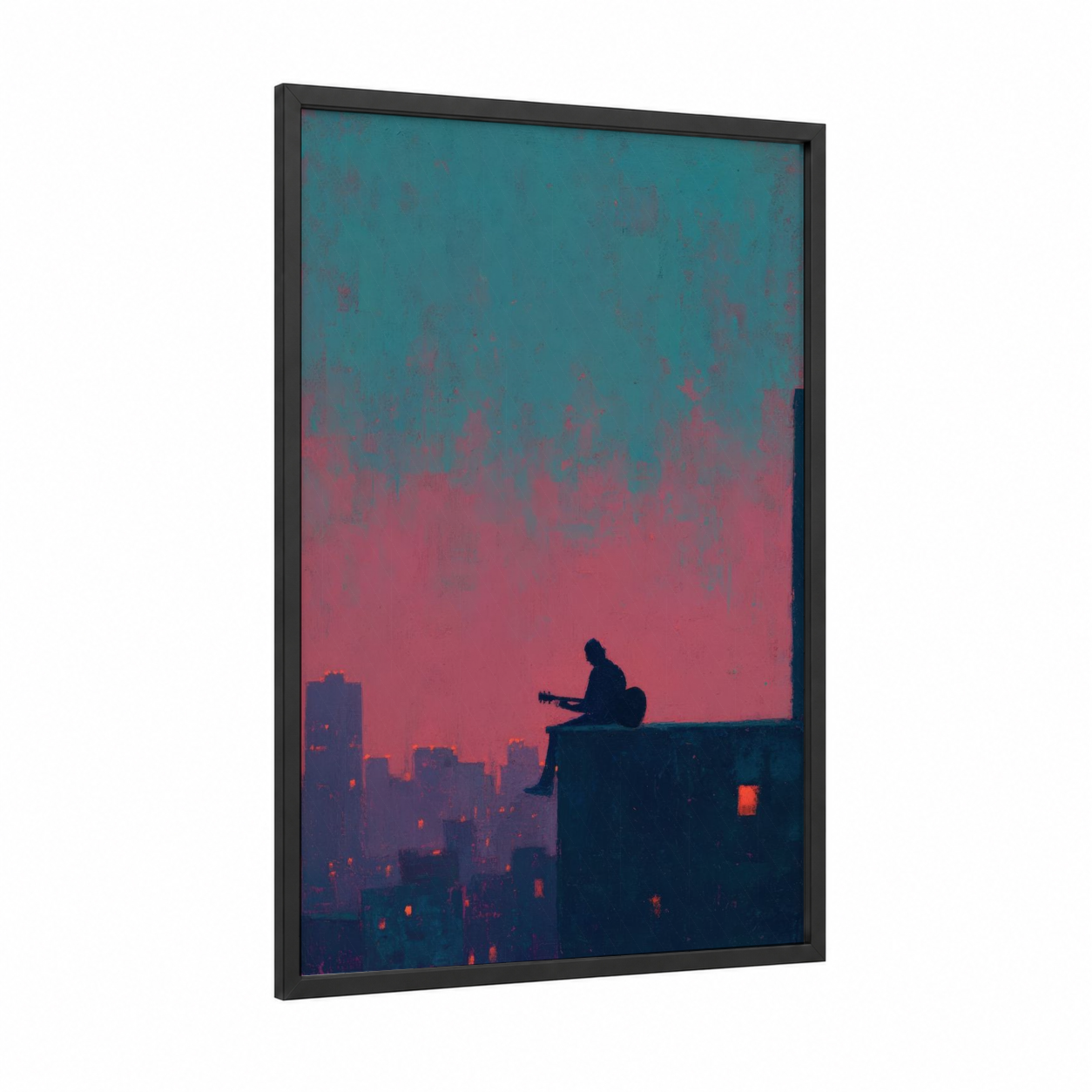 Rooftop Musician framed art print — black wood frame — pink and teal palette
