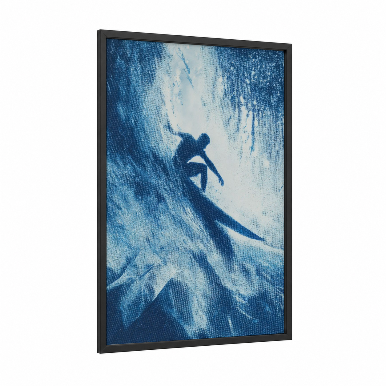 Wave Rider Silhouette framed water surfing print — black wood frame — blue and blue and white palette
