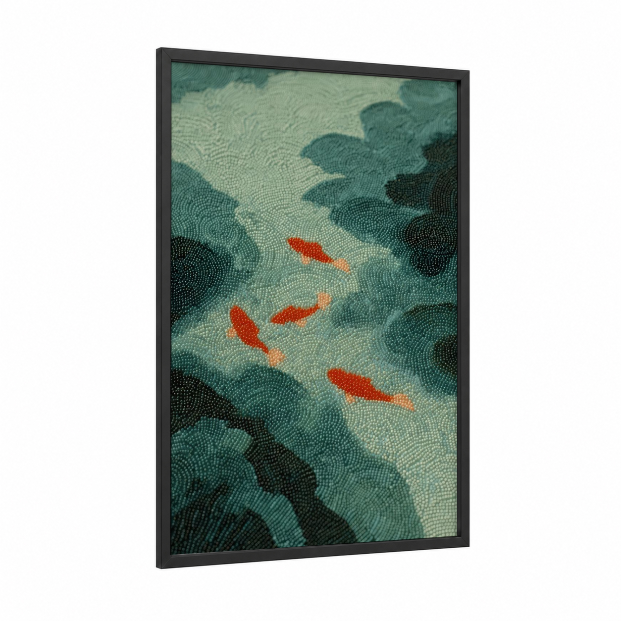 Koi Beadwork framed art print — black wood frame — teal and red palette