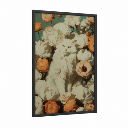 Floral Kitten framed cat print — black wood frame — peach and teal palette