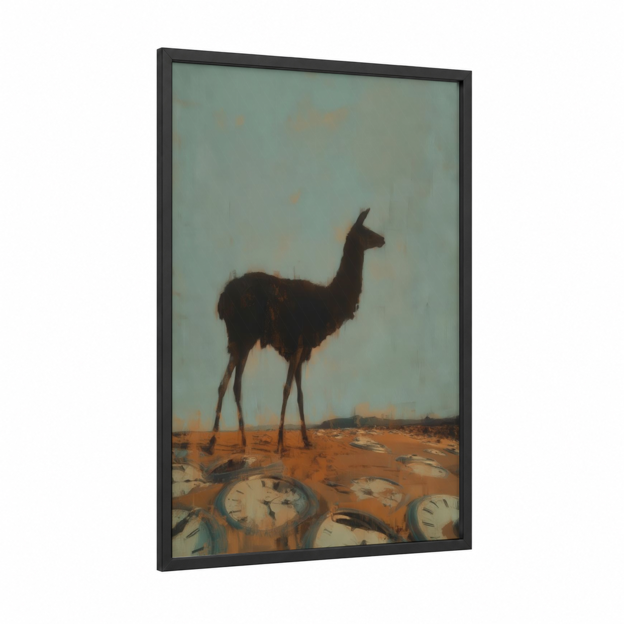 Desert Llama framed art print — black wood frame — dove gray and orange palette