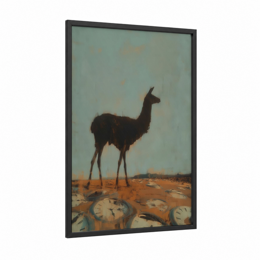 Desert Llama framed art print — black wood frame — dove gray and orange palette