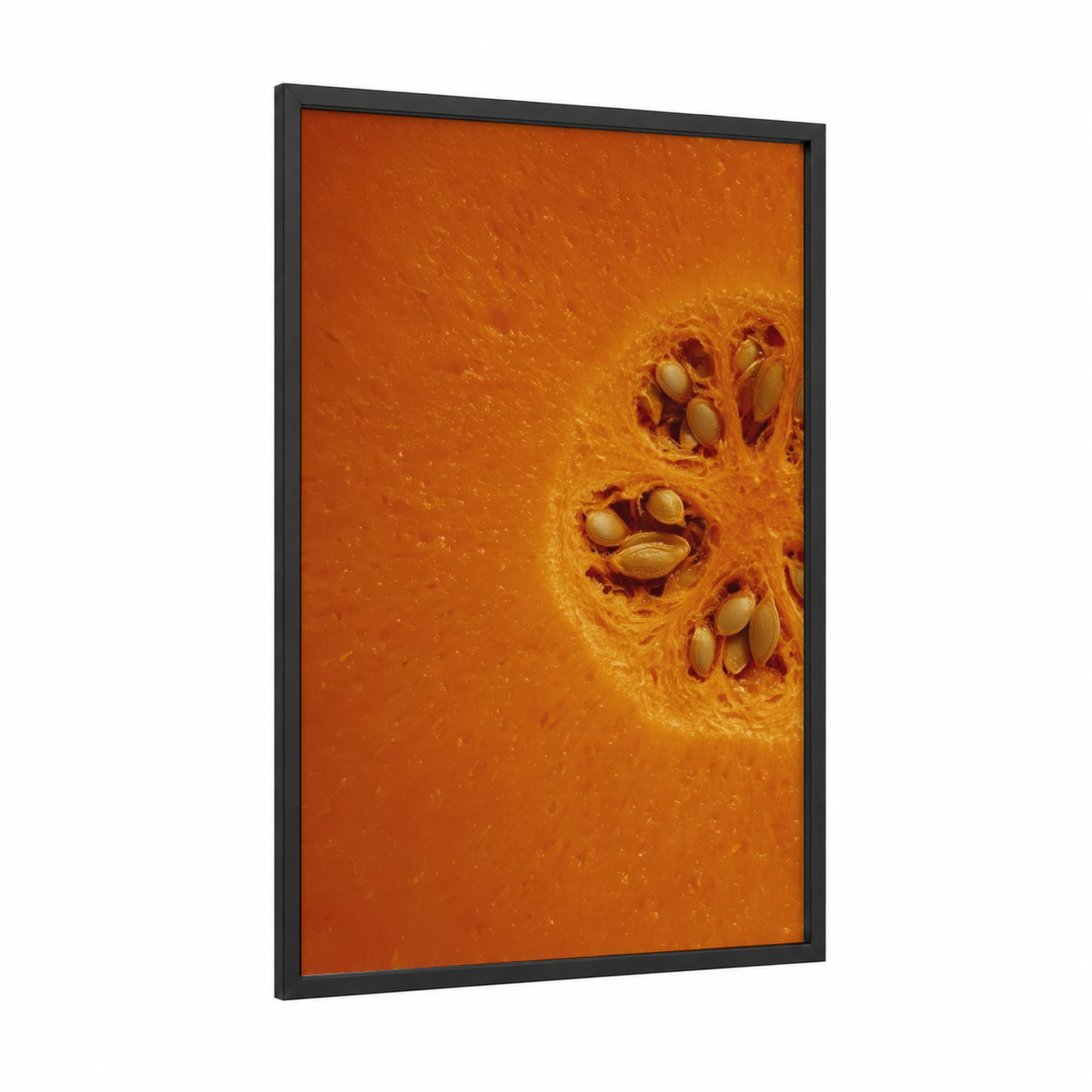 Golden Pumpkin Slice framed fruit print — black wood frame — orange and gold palette