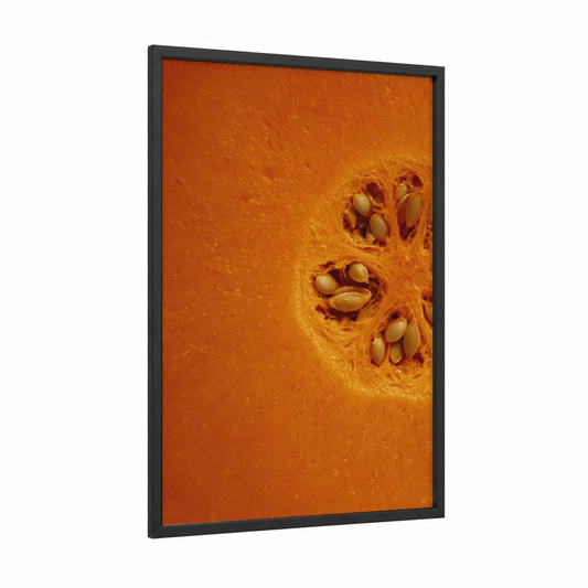 Golden Pumpkin Slice framed fruit print — black wood frame — orange and gold palette
