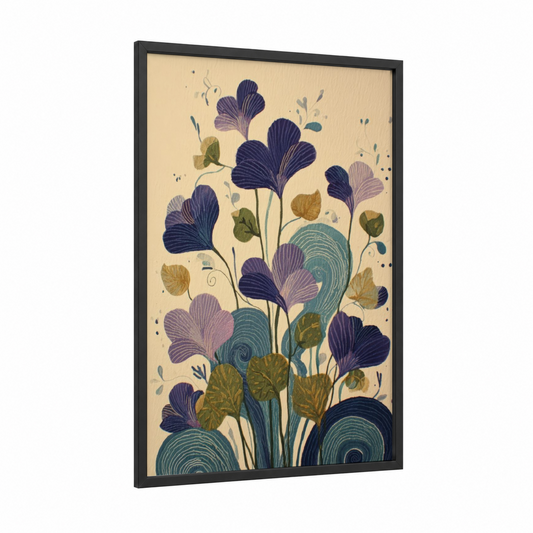 Midnight Violets framed art print — black wood frame — cream palette