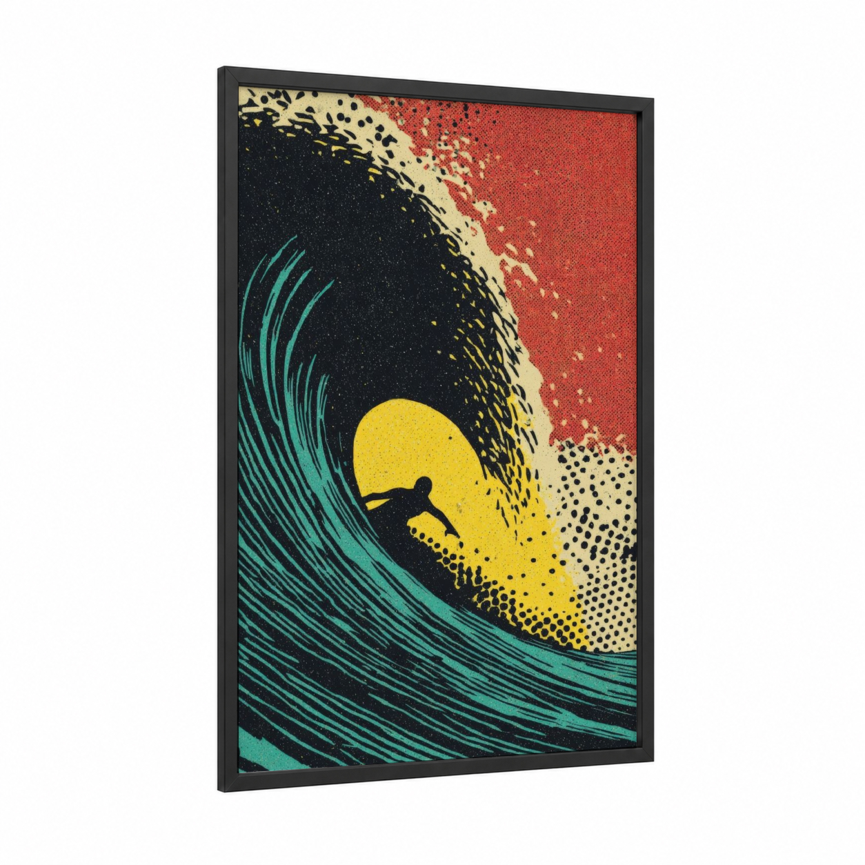 Wave Rider Soul framed surfing print — black wood frame — teal and yellow gold palette