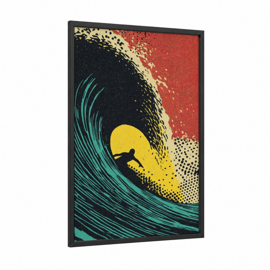 Wave Rider Soul framed surfing print — black wood frame — teal and yellow gold palette