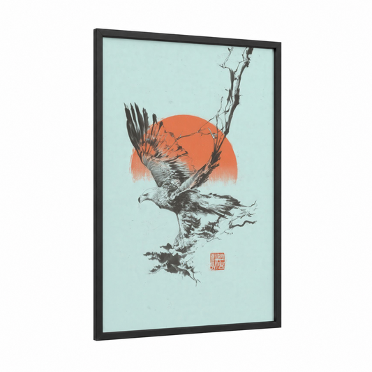 Crimson Eagle Rising framed art print — black wood frame — pumpkin and light green palette