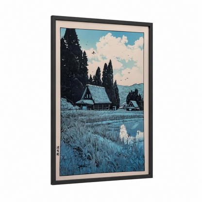 Riverside Cottage Vale framed various landscapes print — black wood frame — blue and white and dark green palette