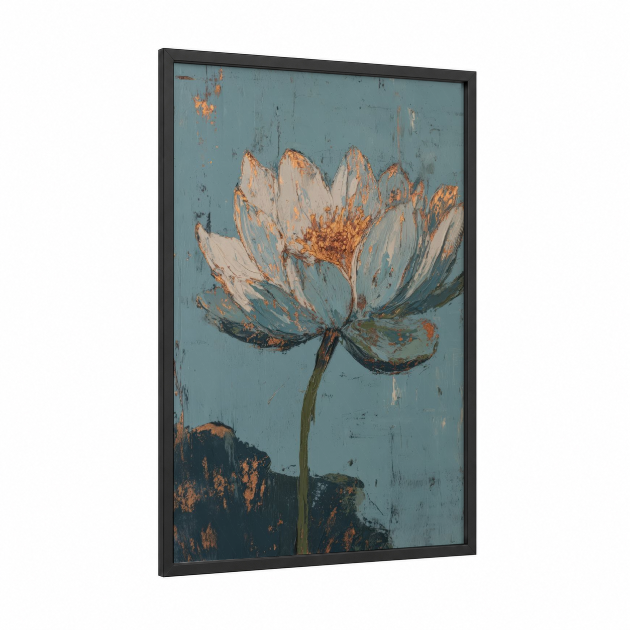 Rustic Lotus Bloom framed art print — black wood frame — teal and gold palette