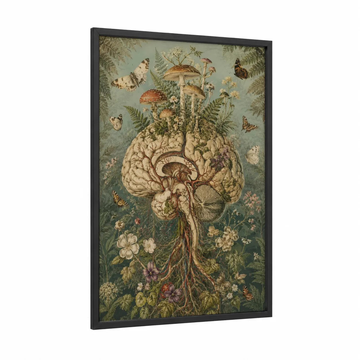 Botanical Brain Surrealism Wall Art framed butterfly print — black wood frame — beige and sage green palette