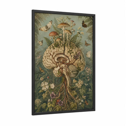 Botanical Brain Surrealism Wall Art framed butterfly print — black wood frame — beige and sage green palette