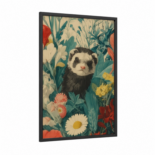 Floral Ferret framed art print — black wood frame — cream and teal palette
