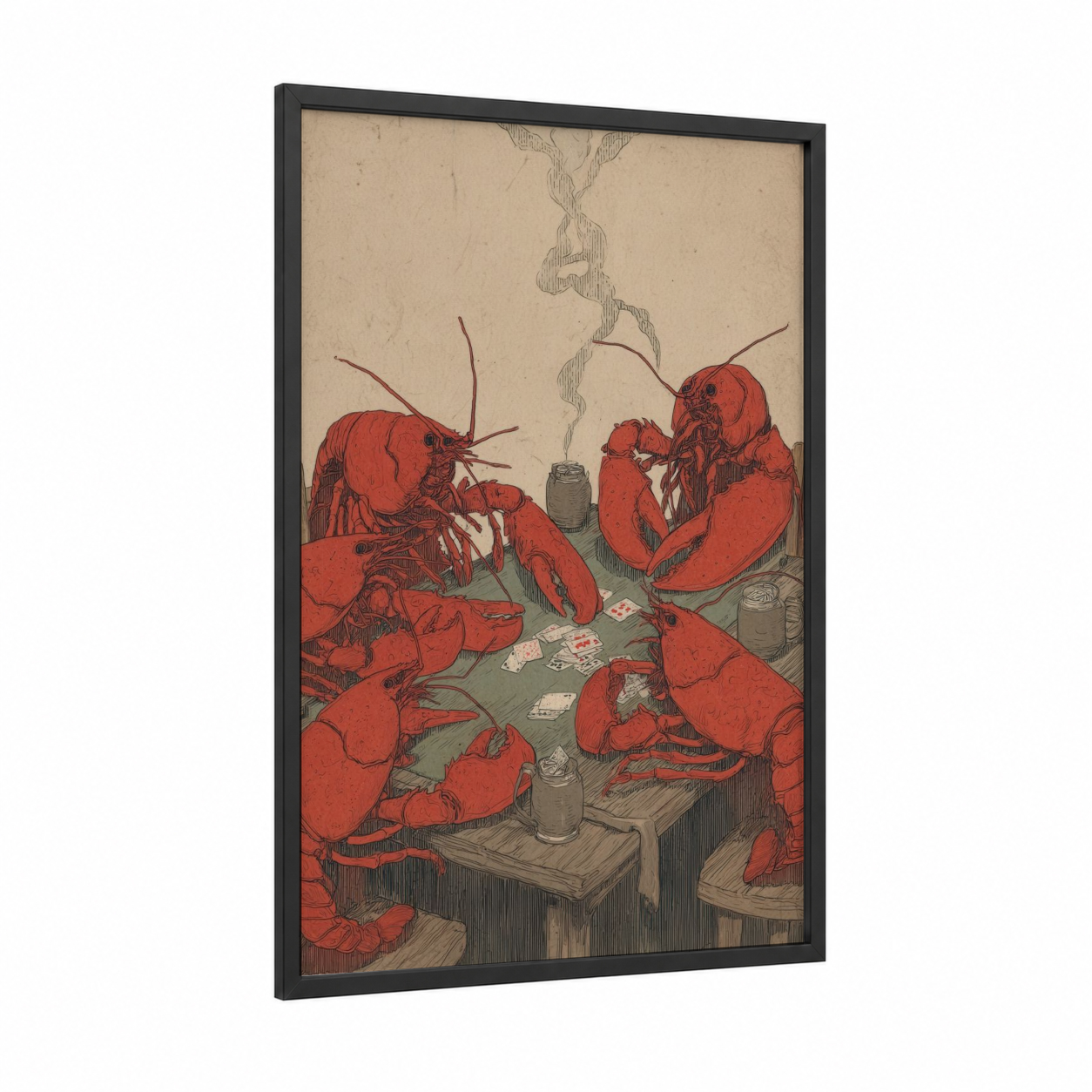 Poker Lobsters framed art print — black wood frame — red and sage green palette