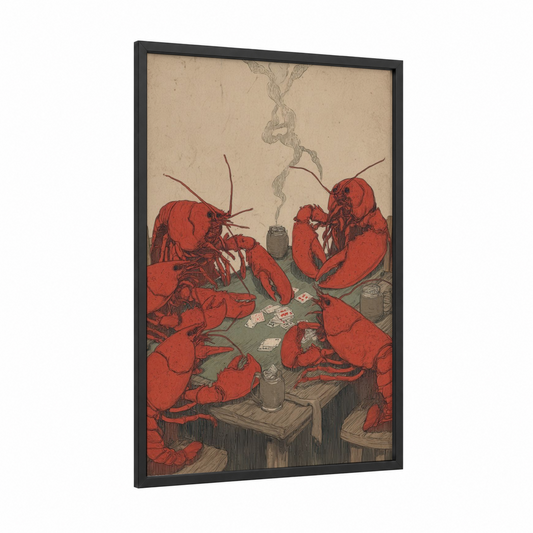 Poker Lobsters framed art print — black wood frame — red and sage green palette