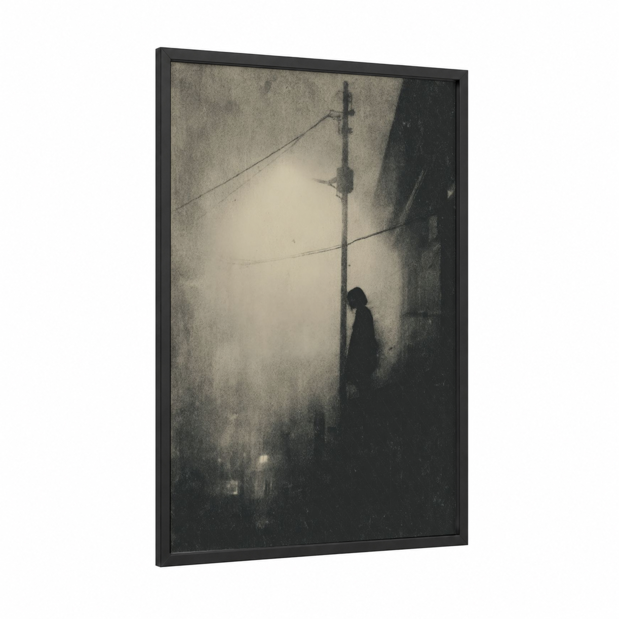 Solitary Specter framed ghost print — black wood frame — black and white and gray palette