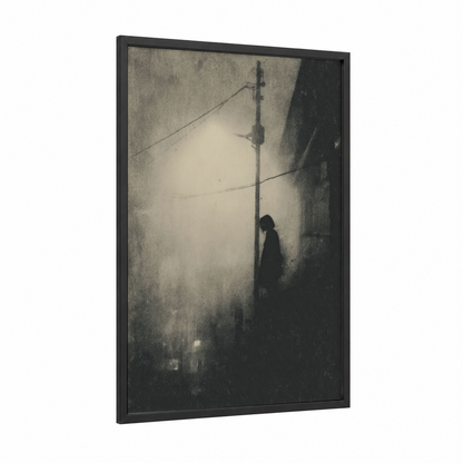Solitary Specter framed ghost print — black wood frame — black and white and gray palette