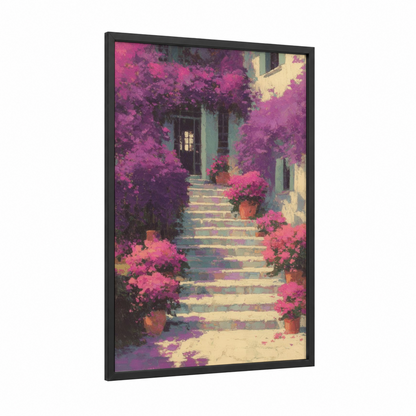 Bougainvillea Staircase framed art print — black wood frame — magenta and gold palette