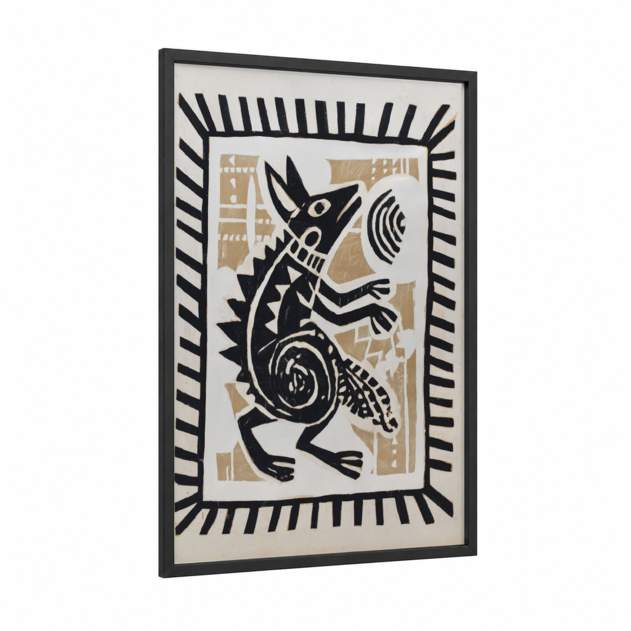 Abstract Dragon framed abstract traditional print — black wood frame — black and white and beige palette