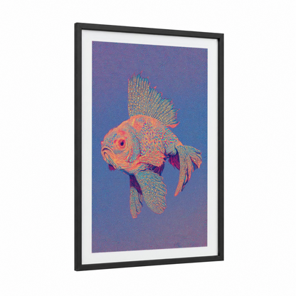 Neon Goldfish framed art print — black wood frame — magenta and blue palette