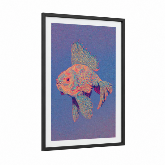 Neon Goldfish framed art print — black wood frame — magenta and blue palette