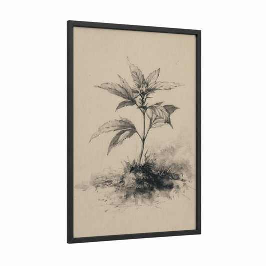 Cannabis Botanical Study framed art print — black wood frame — black and white and beige palette