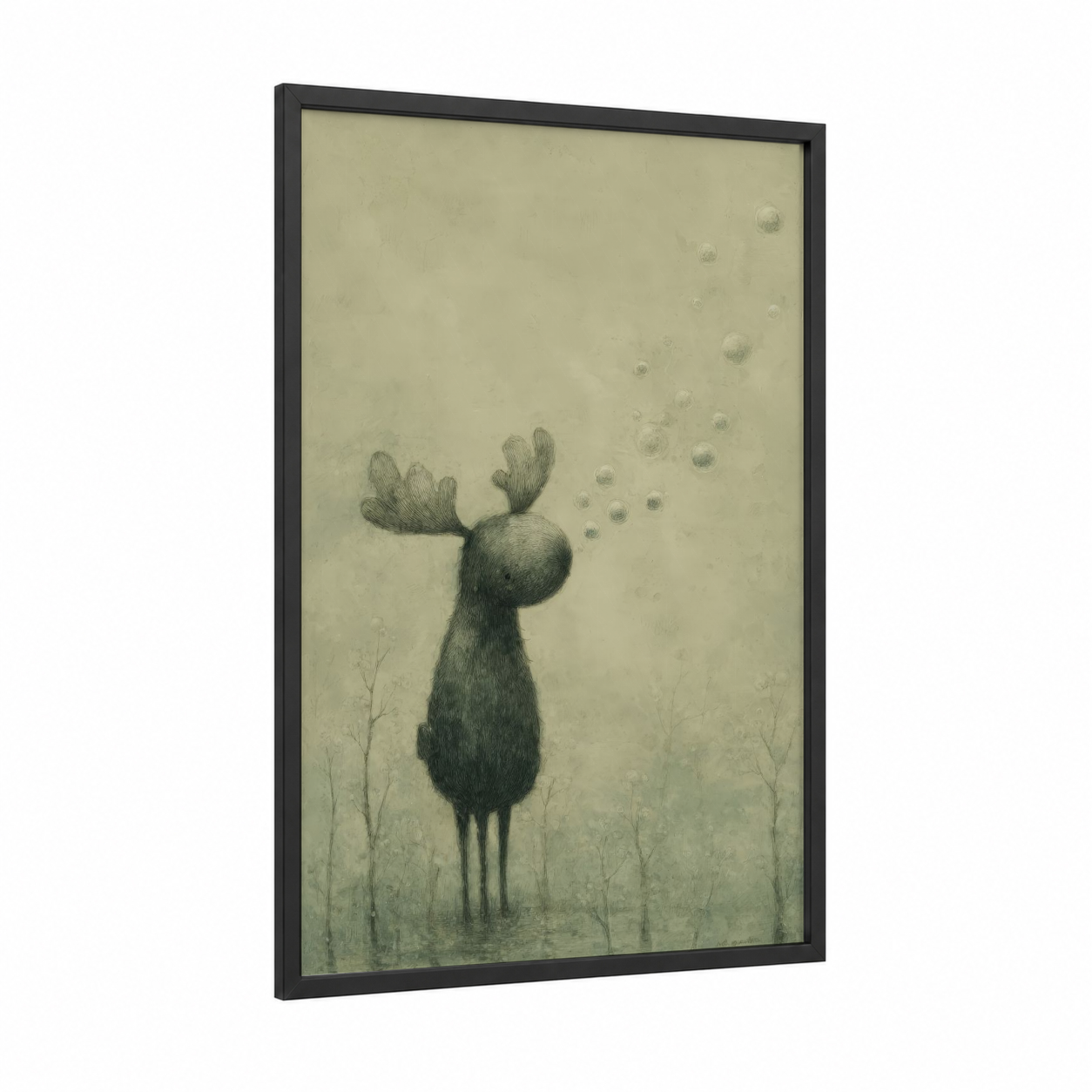 Dreaming Moose framed art print — black wood frame — beige and gray palette