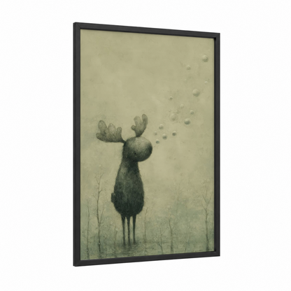 Dreaming Moose framed art print — black wood frame — beige and gray palette