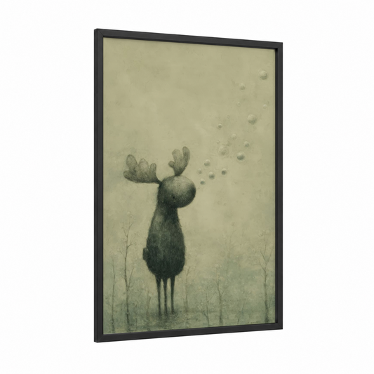 Dreaming Moose framed art print — black wood frame — beige and gray palette