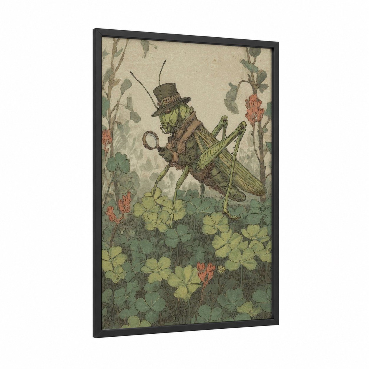 Dapper Grasshopper framed art print — black wood frame — sage green and cream palette