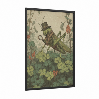 Dapper Grasshopper framed art print — black wood frame — sage green and cream palette
