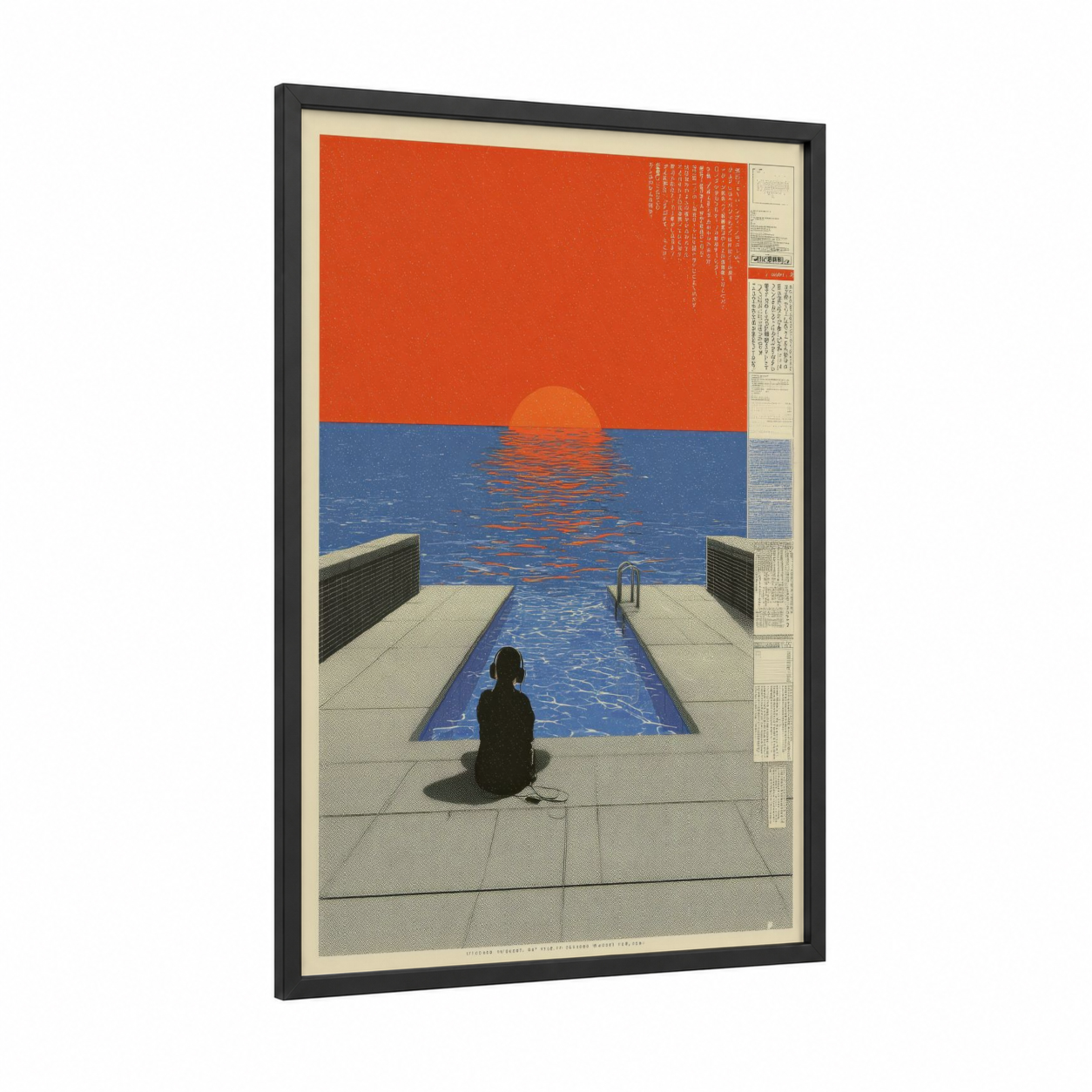 Poolside Contemplation framed japanese y2k print — black wood frame — orange and blue palette