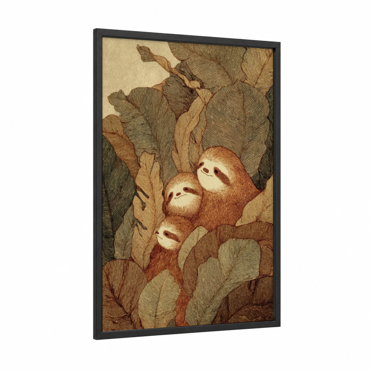 Leafy Sloths framed art print — black wood frame — sage green and brown palette