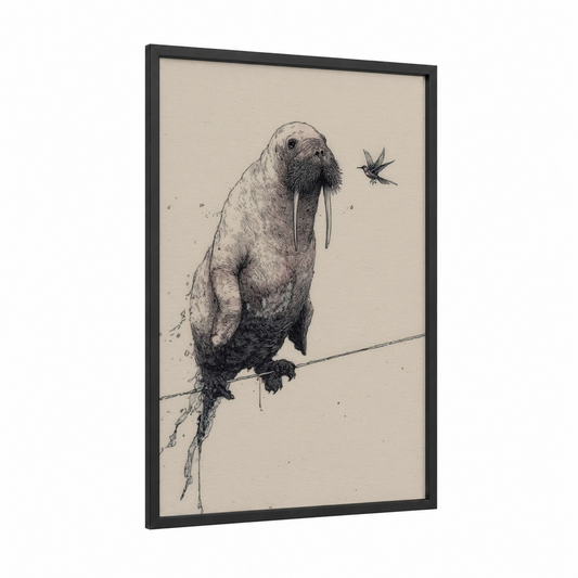 Walrus Perch framed chimera print — black wood frame — black and white and cream palette