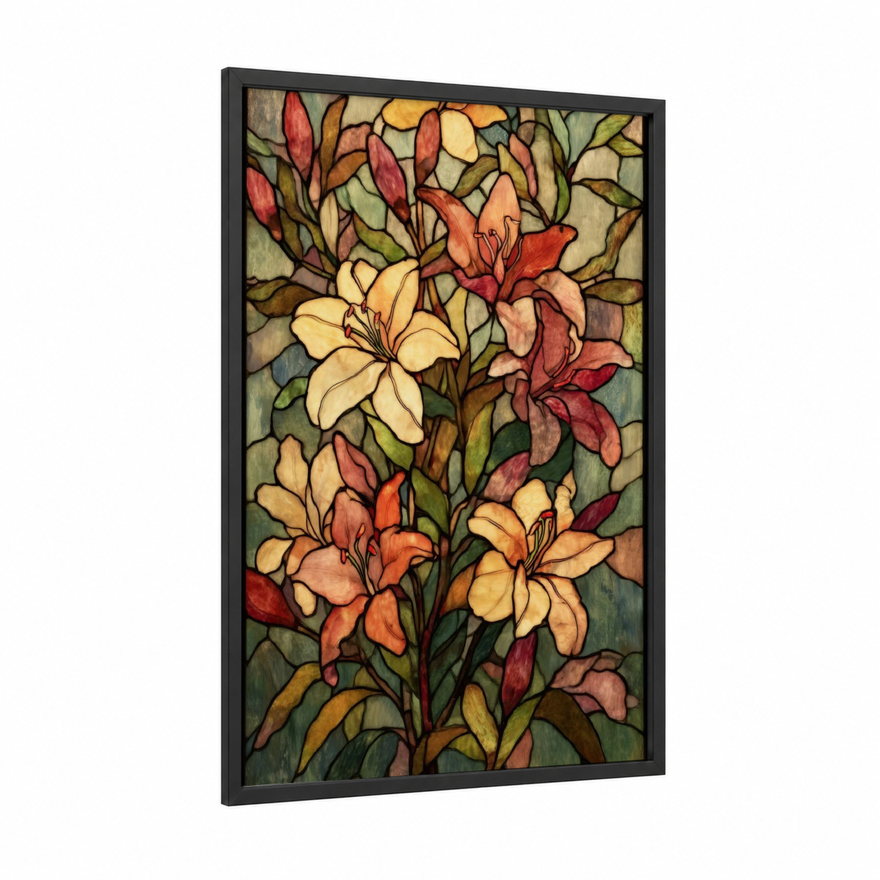 Stained Glass Lilies framed lily print — black wood frame — gold palette