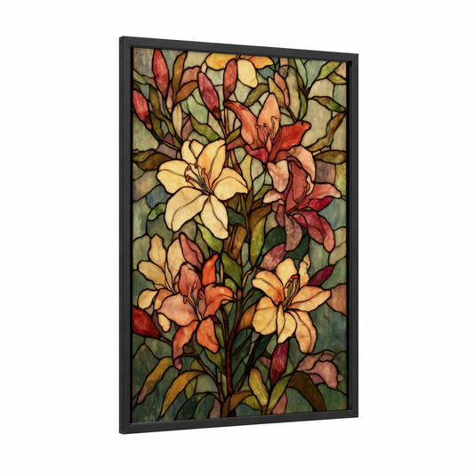 Stained Glass Lilies framed lily print — black wood frame — gold palette
