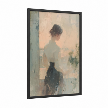 Contemplative Girl framed art for girl print — black wood frame — cream and sage green palette