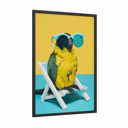 Vacay Parrot framed safari parrots print — black wood frame — yellow and turquoise palette