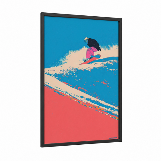 Alpine Shredder framed snowboarding print — black wood frame — blue and red palette